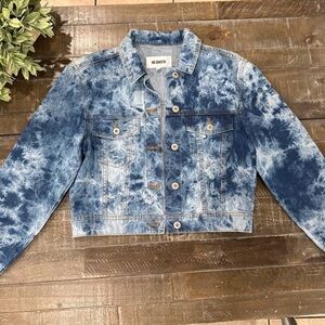 BB Dakota It’s A Must Tie Dye Denim Jacket Blue/White Cropped Oversized SMALL